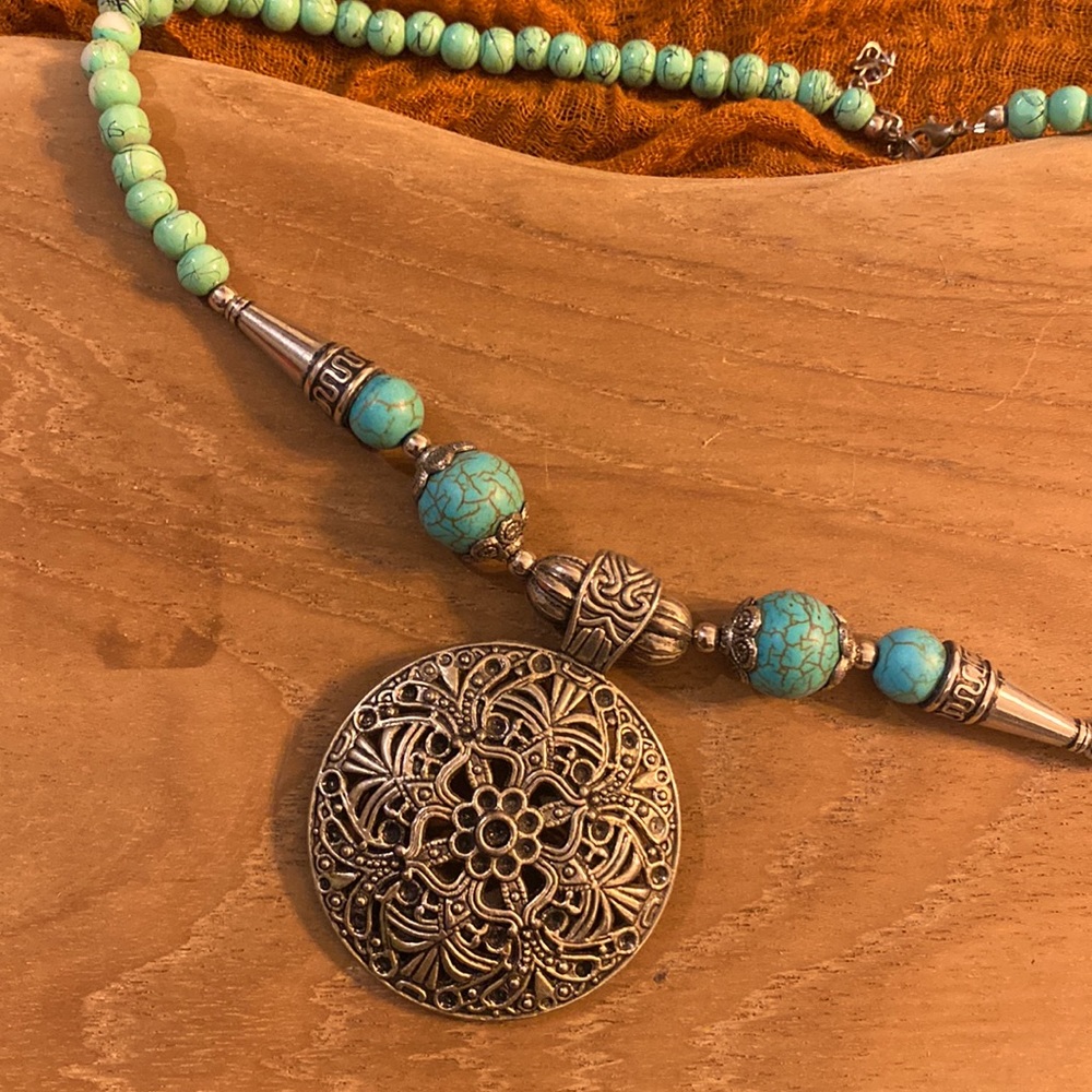 Turquoise & Silver medallion necklace